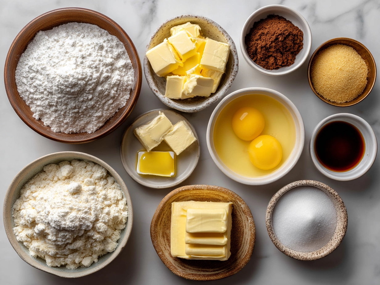 Top down view of raw ingredients for Peach Cobbler Cheesecake including fresh peaches, cream cheese, butter, and graham crackers