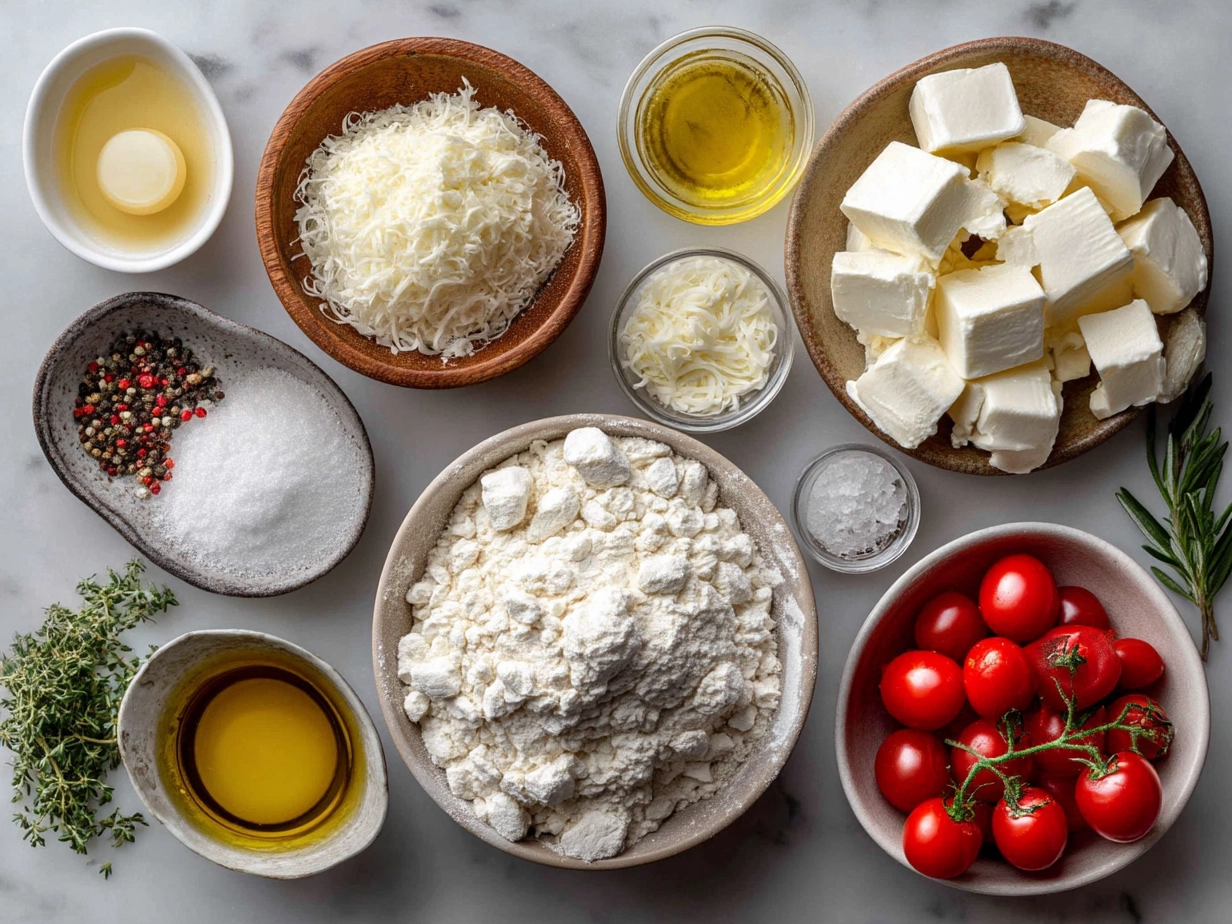 Top down view of raw ingredients for Puff Pastry Caprese on marble surface