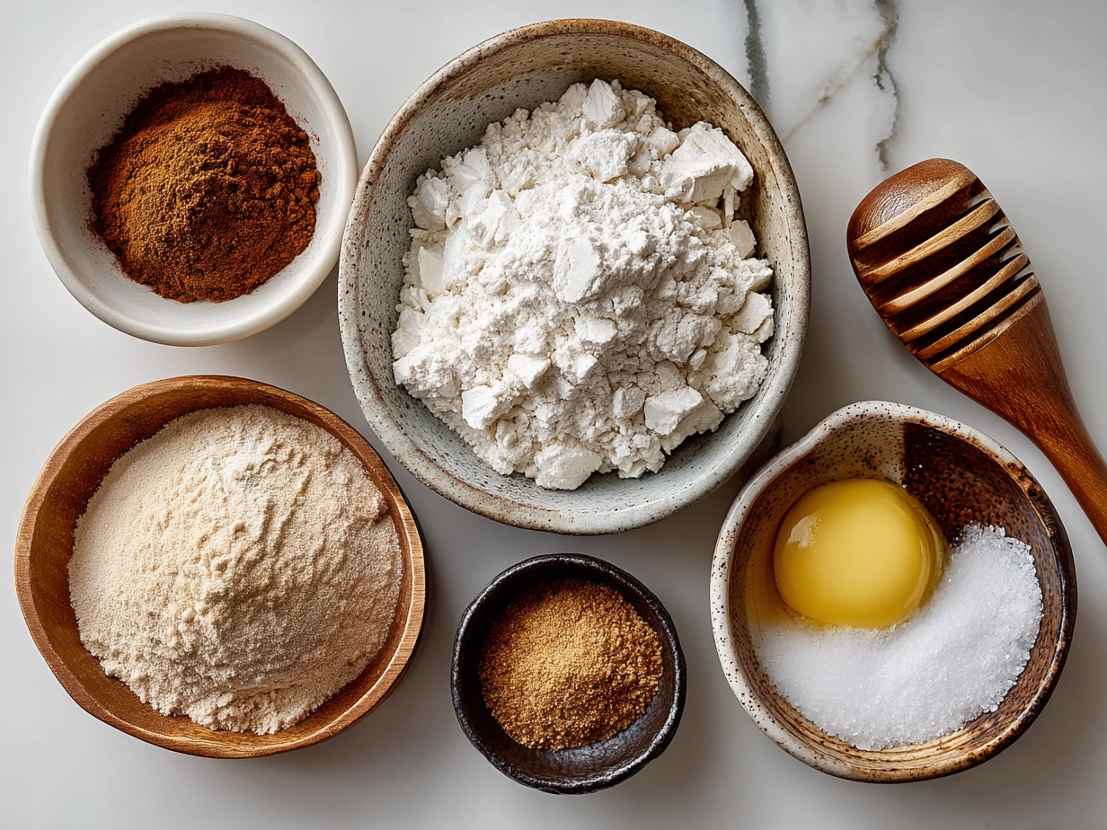 Top-down view of raw ingredients for sourdough discard pretzel bites on marble countertop