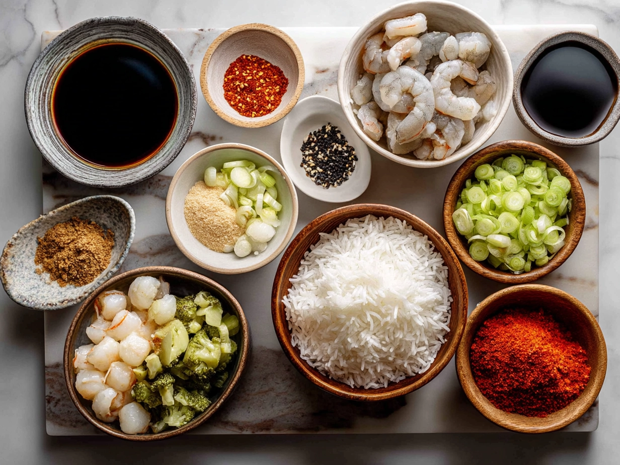 Top down view of raw ingredients for Spicy Shrimp Sushi Stacks on marble kitchen counter showing shrimp, avocado, cucumber, scallions, mayo, sriracha, rice and nori sheets.