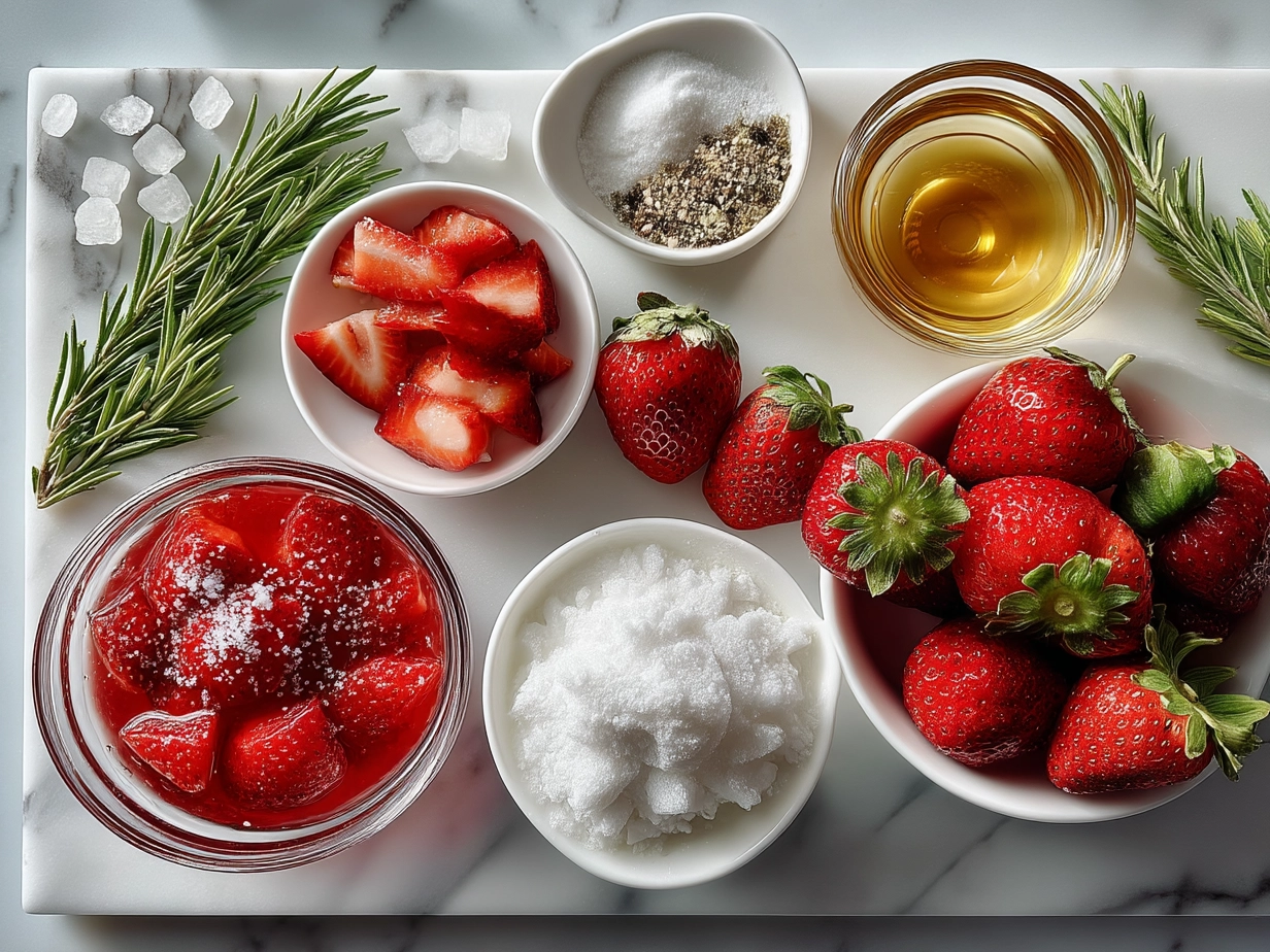 Top down view of fresh strawberries, lime, rum, and ingredients for Strawberry Daiquiri on marble surface