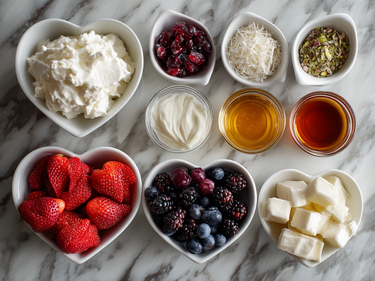Top down view of raw ingredients for Valentine Treats Greek Yogurt Bowl arranged on a table