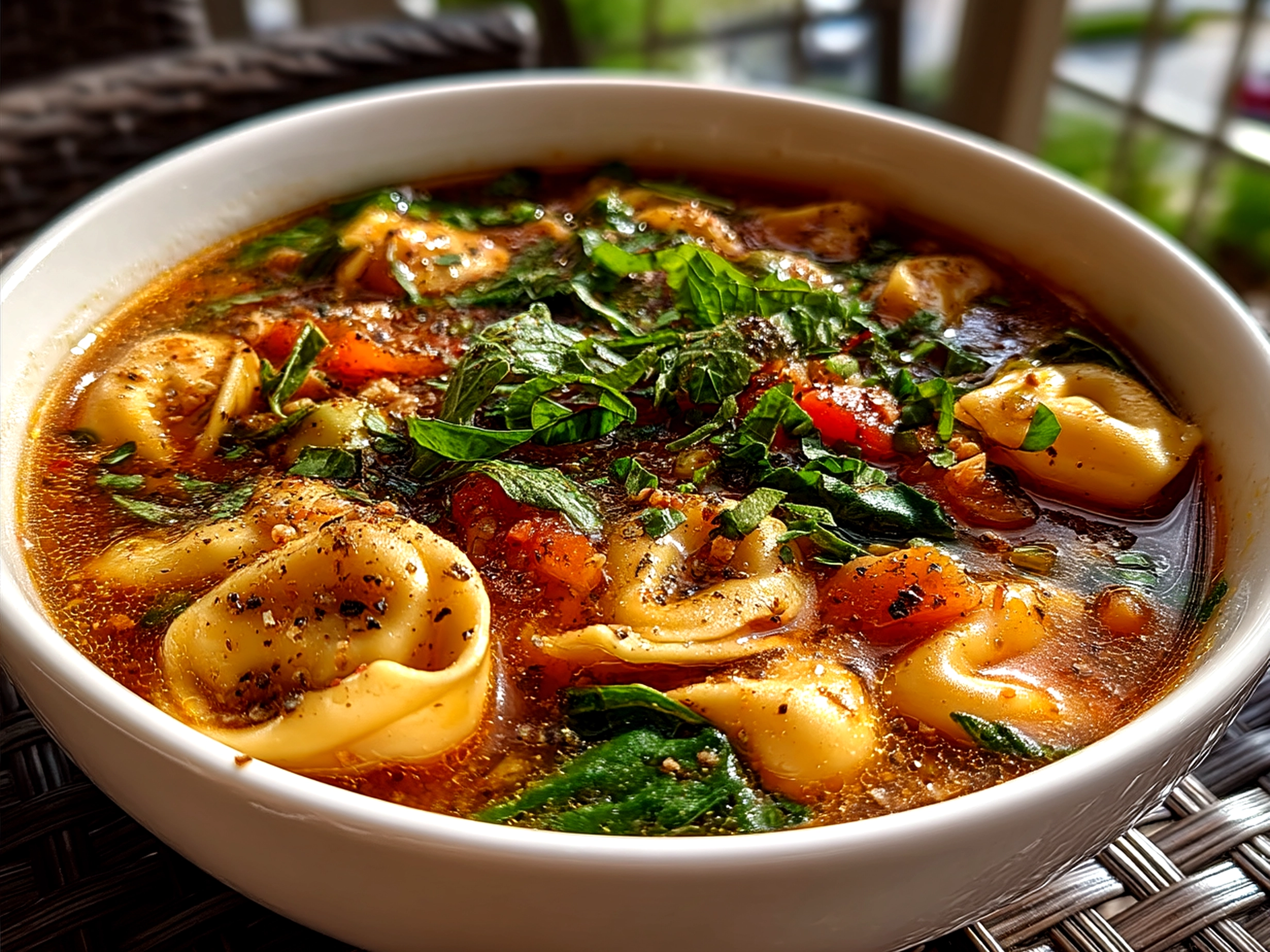 Creamy Tortellini Soup served in a rustic bowl garnished with fresh herbs and Parmesan