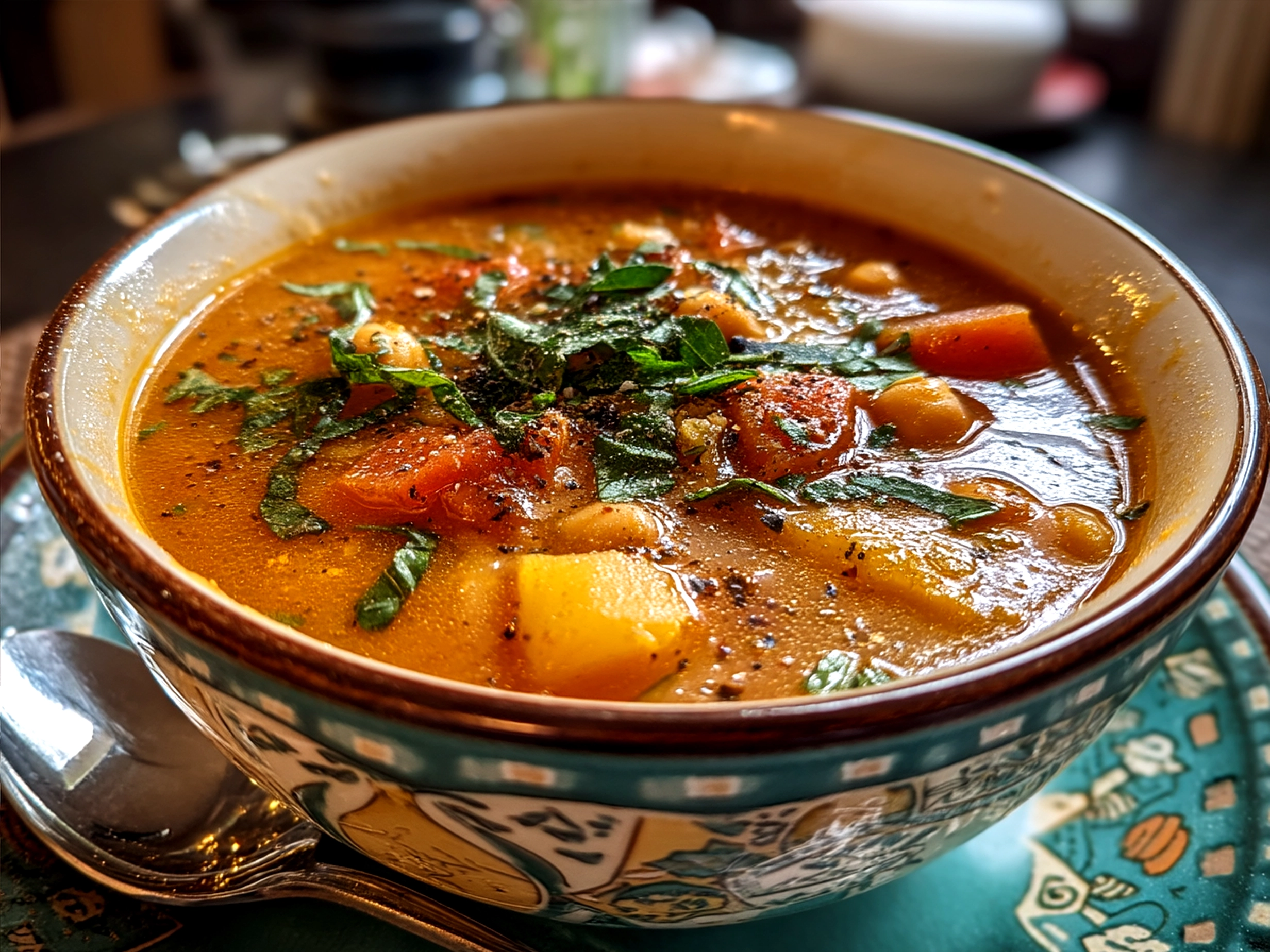 Serving bowl of rustic Tuscan Chickpea Soup garnished and ready to be enjoyed
