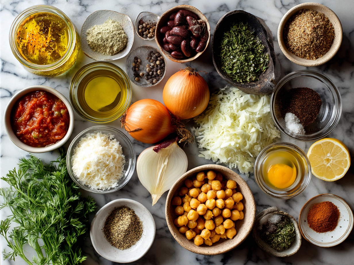 Ingredients for Tuscan Chickpea Soup including chickpeas, cannellini beans, vegetables, and herbs