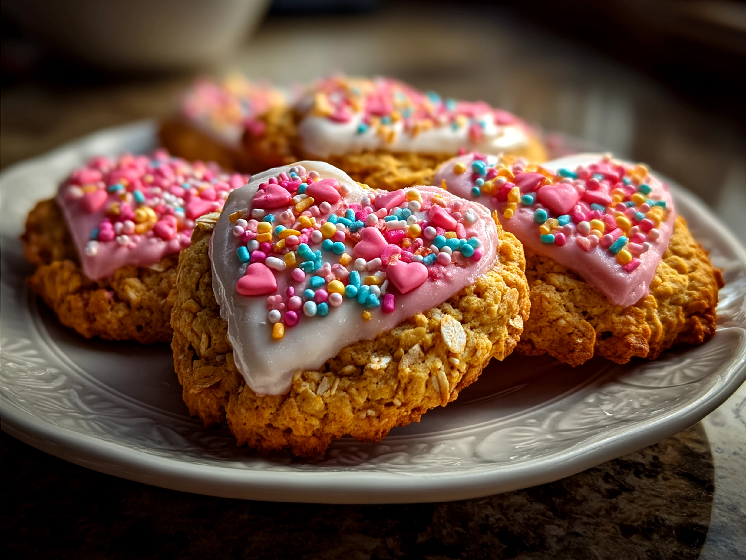 Finished Valentine Cookies Oatmeal Bowl with cookie crumble topping and fresh berries
