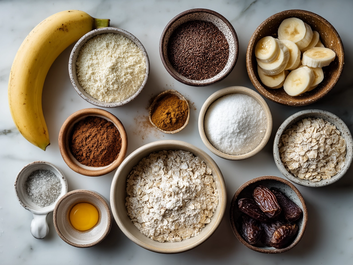 Ingredients for Valentine Cookies Oatmeal Bowl including rolled oats, almond milk, heart-shaped cookies, berries, honey, and cinnamon