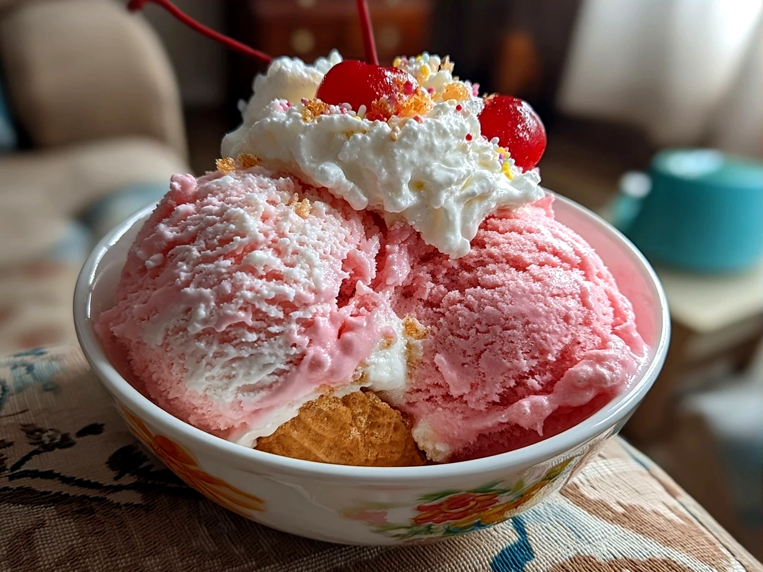 Serving of Valentines Cakes Nice Cream Bowl garnished with fresh strawberries in a shallow bowl