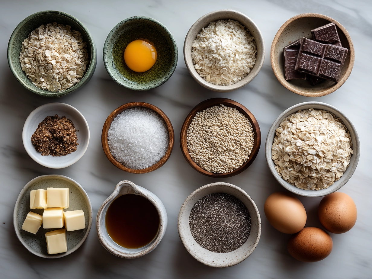 Ingredients layout for Valentines Oatmeal Bowl including rolled oats, fresh strawberries, raspberries, milk, nuts, and spices